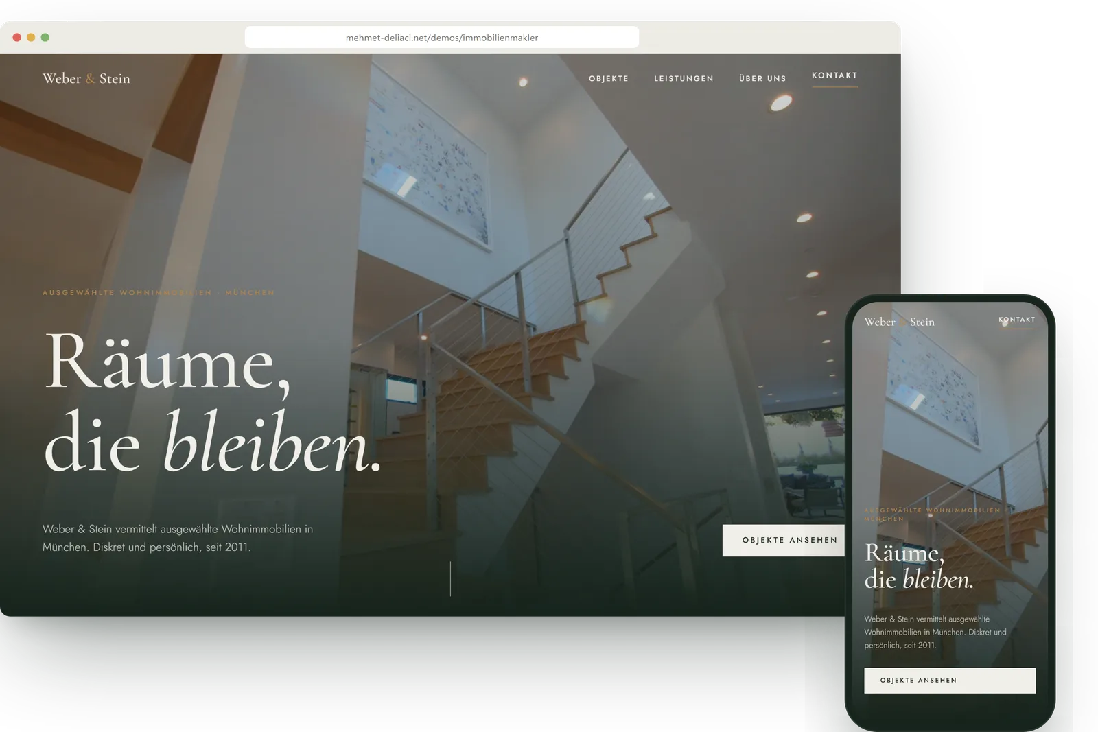 Vorschau der Demo-Website für Immobilienmakler in Browser- und Smartphone-Ansicht
